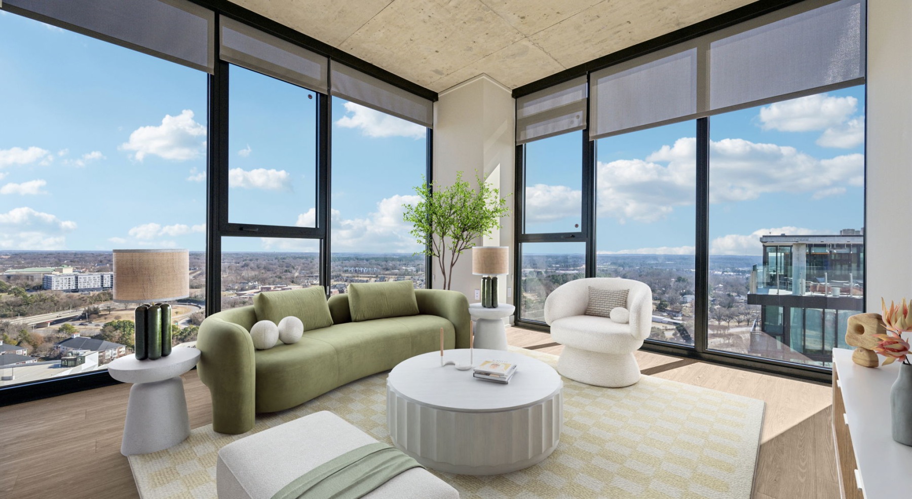 a modern living room with floor to ceiling windows