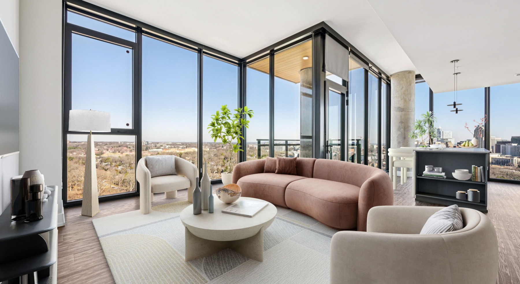 a modern living room with floor to ceiling windows