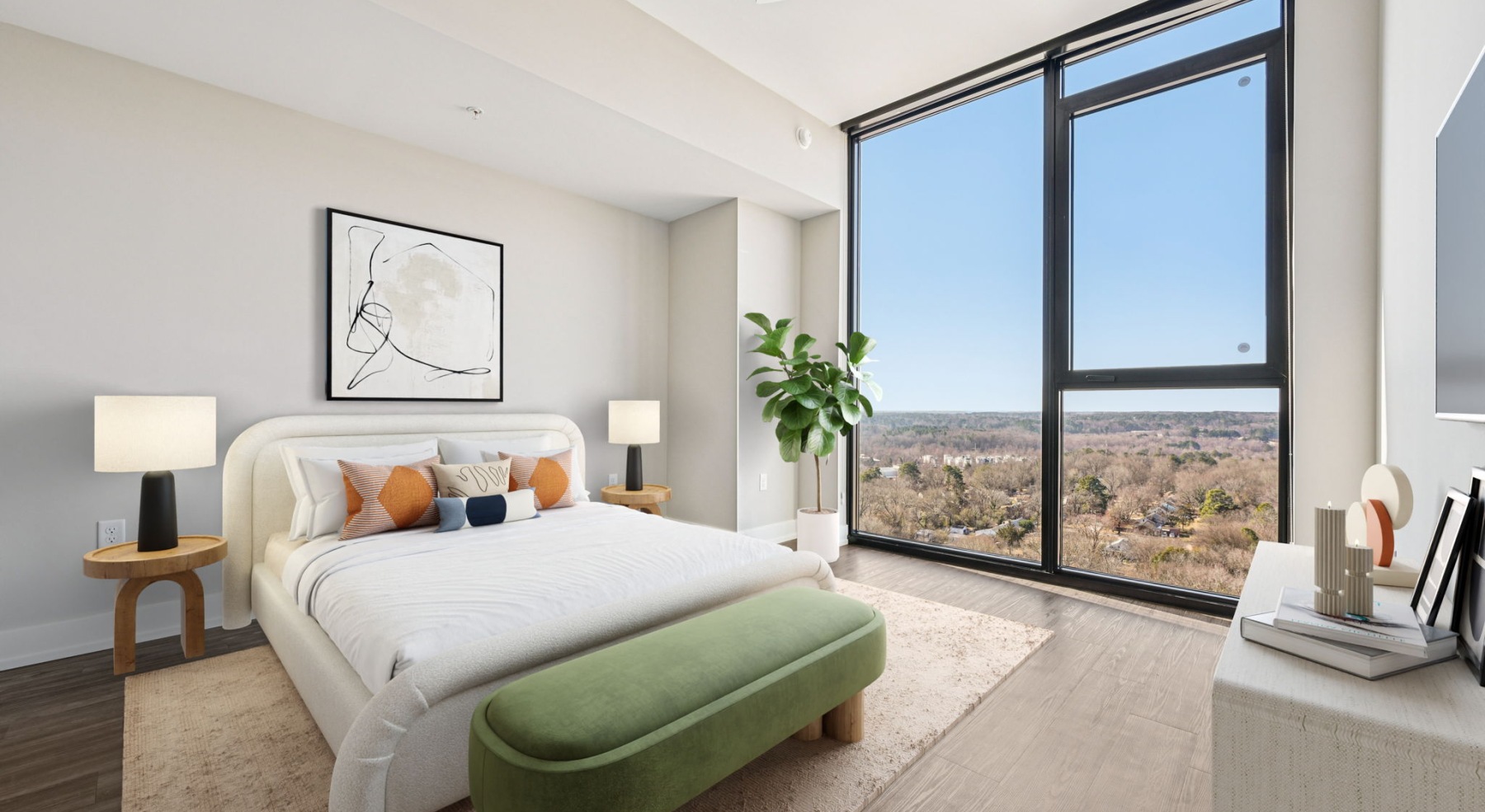 expansive windows in penthouse bedroom