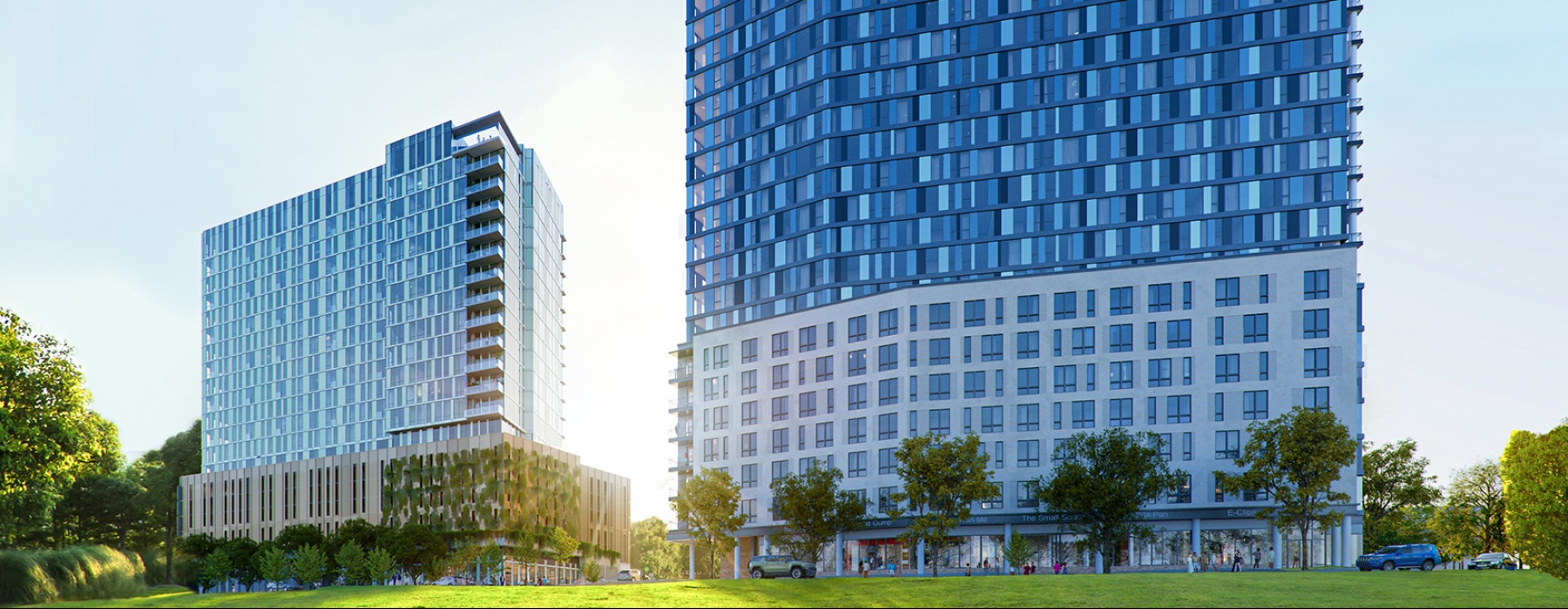 two buildings with lots of windows