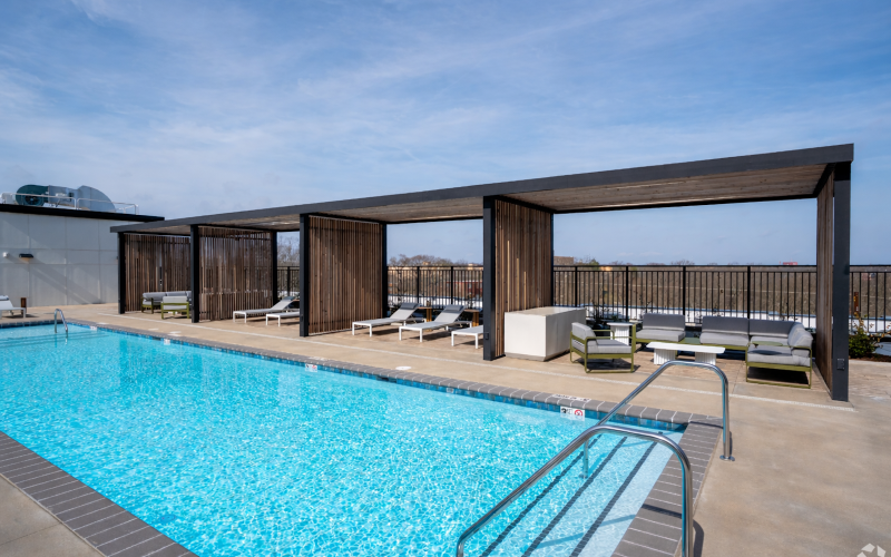 pool with cabanas