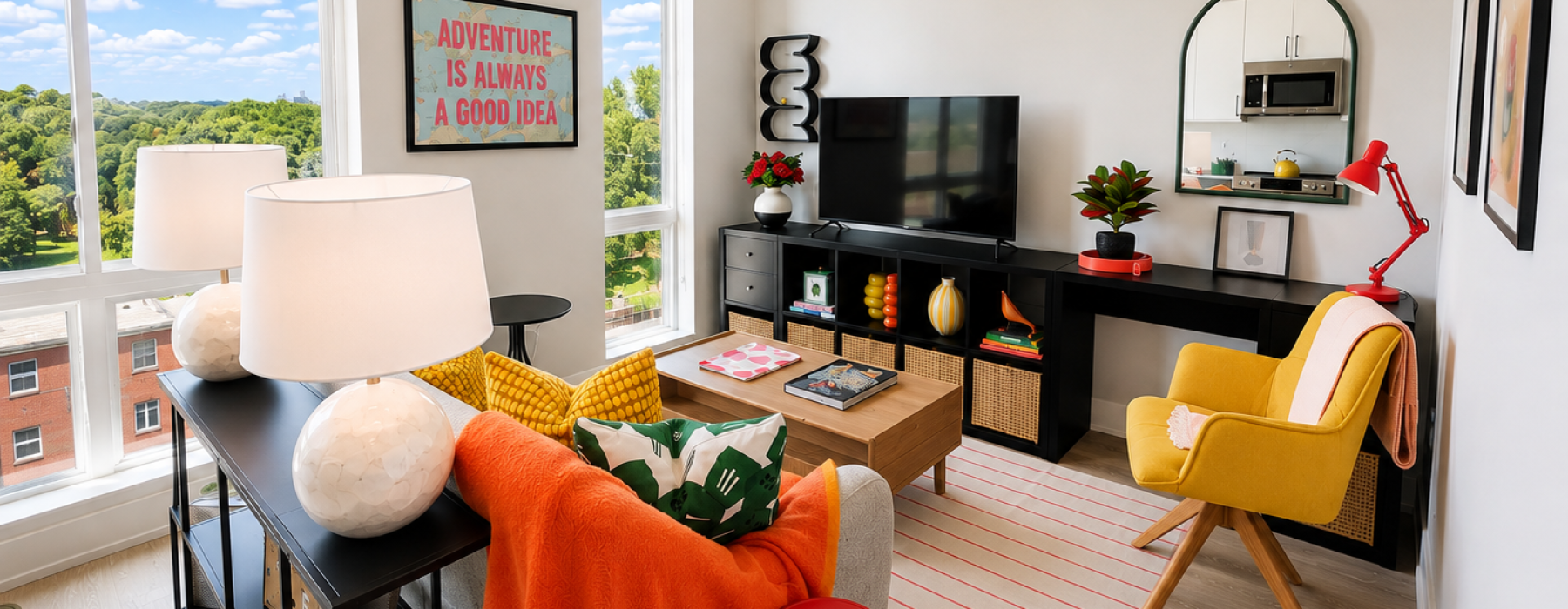 living room with desk, couch and floor to ceiling windows