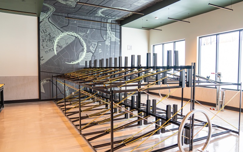 a room with a bike rack