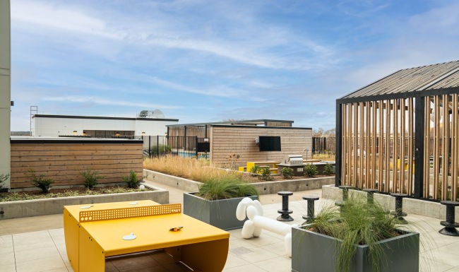 a rooftop patio with plants and a ping pong table