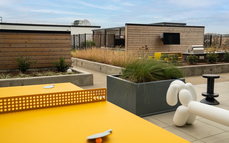 a rooftop patio with plants and a ping pong table