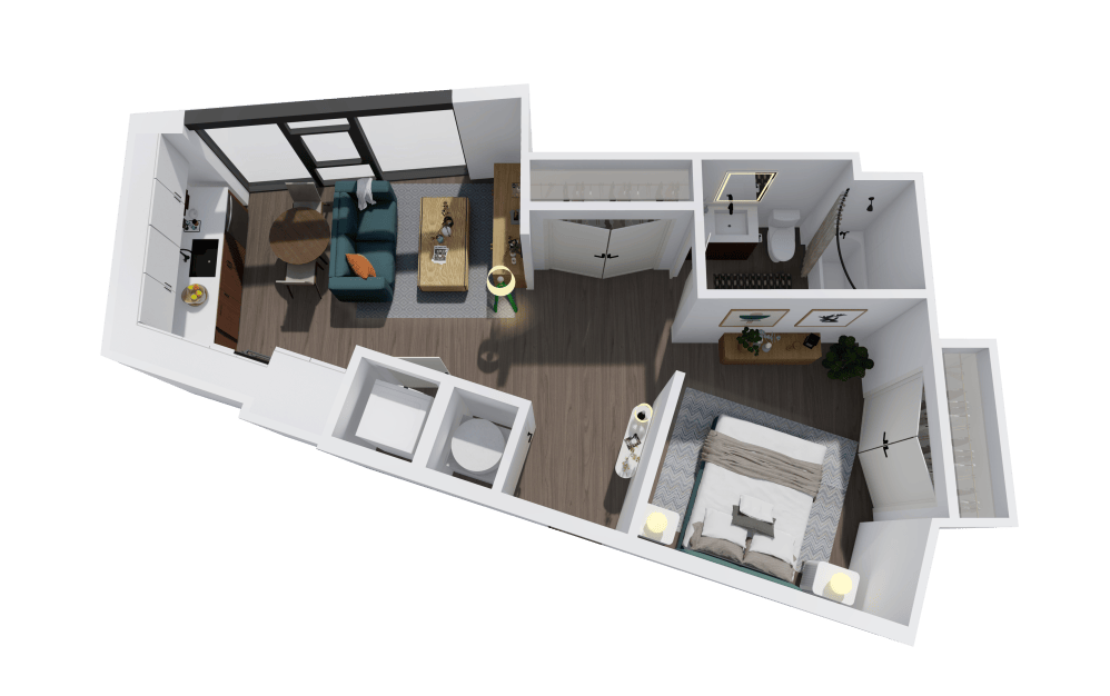S3 - Studio floorplan layout with 1 bathroom and 619 square feet (3D)