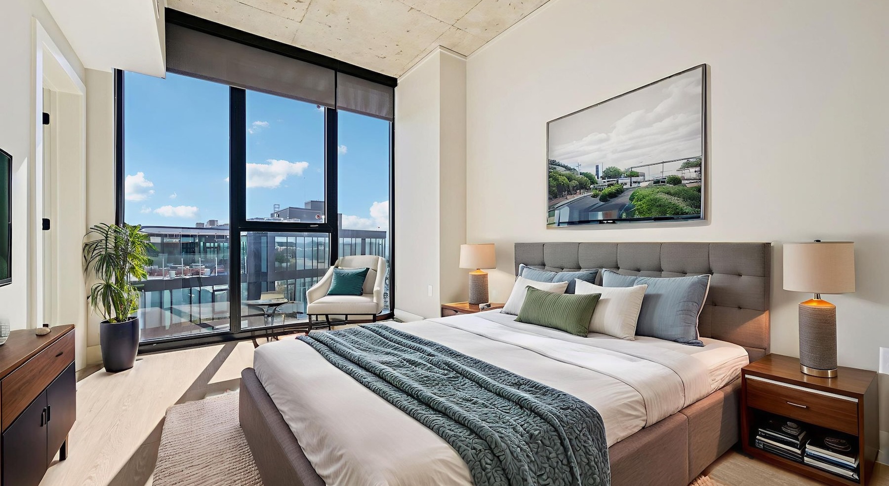 a bedroom with a bed and two nightstands
